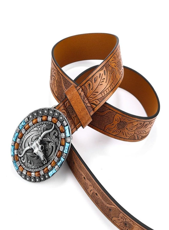 CaySep Women Western Cowboy Belt - PU Leather Longhorn Bull Turquoise Embossed Buckle Belt for Jeans Pants Dresses - Image 3